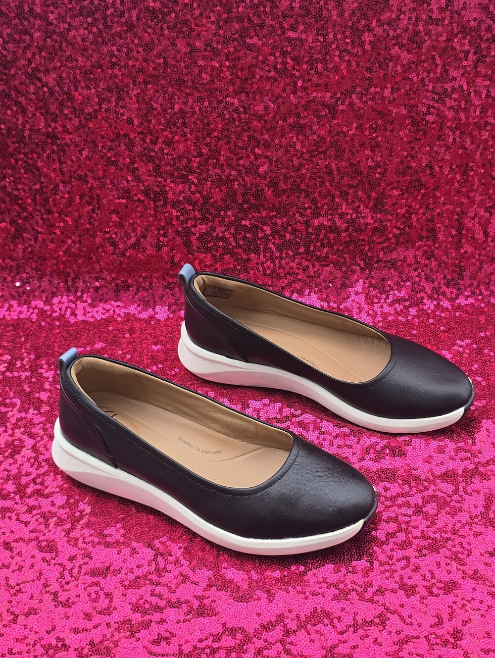 Clarks Unstructured Black Leather Slip-On Wedge Flats "Shaped To Explore"